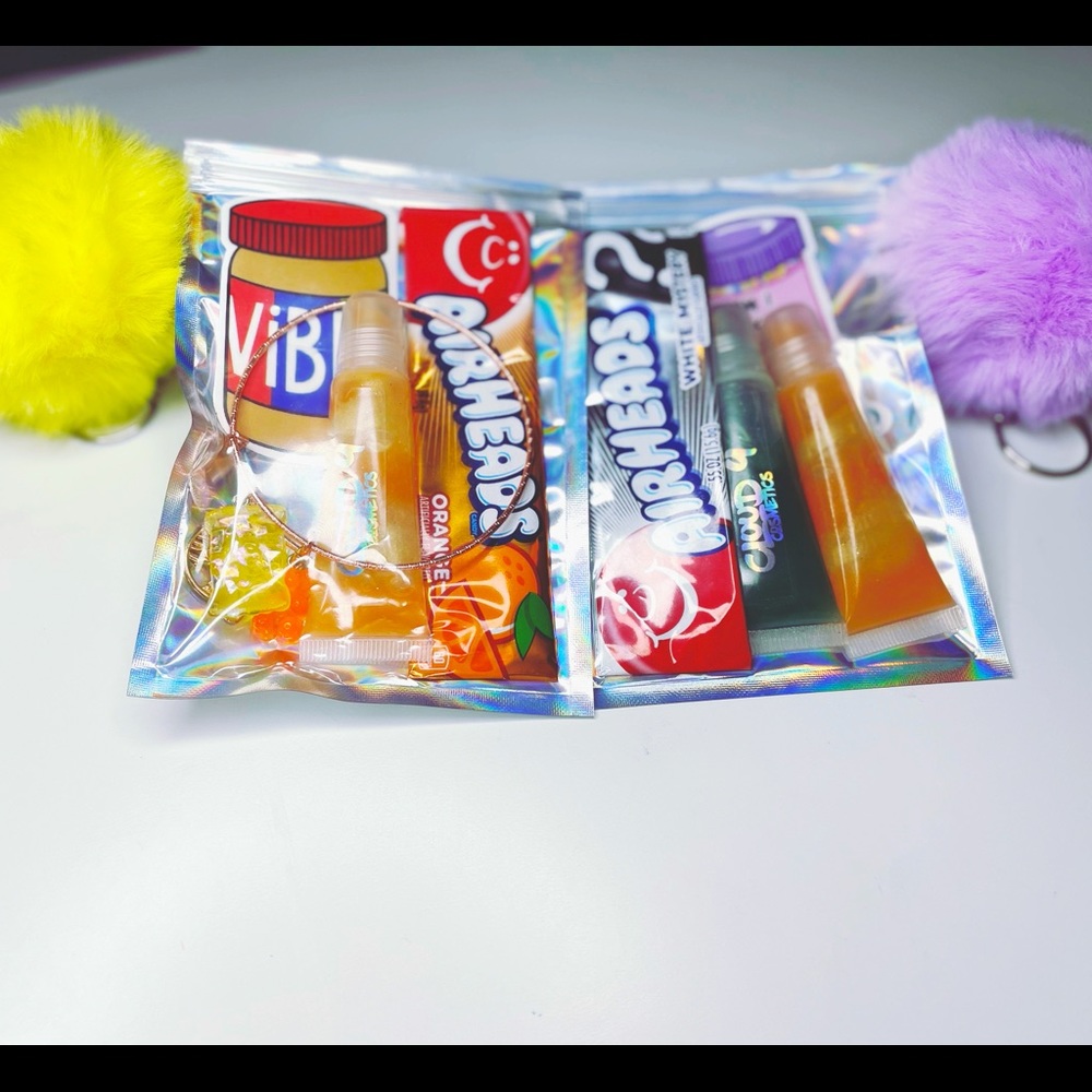 lipgloss bundle with bang-lets, pom Pom keychains